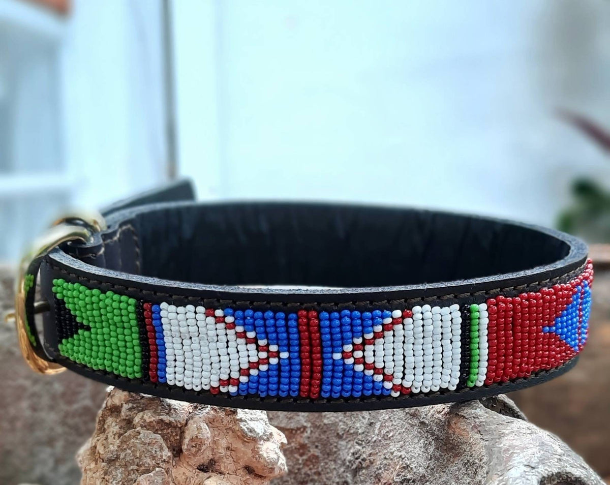 NGONG: Handmade Maasai dog collar with colorful beadwork and durable leather for stylish pet accessories