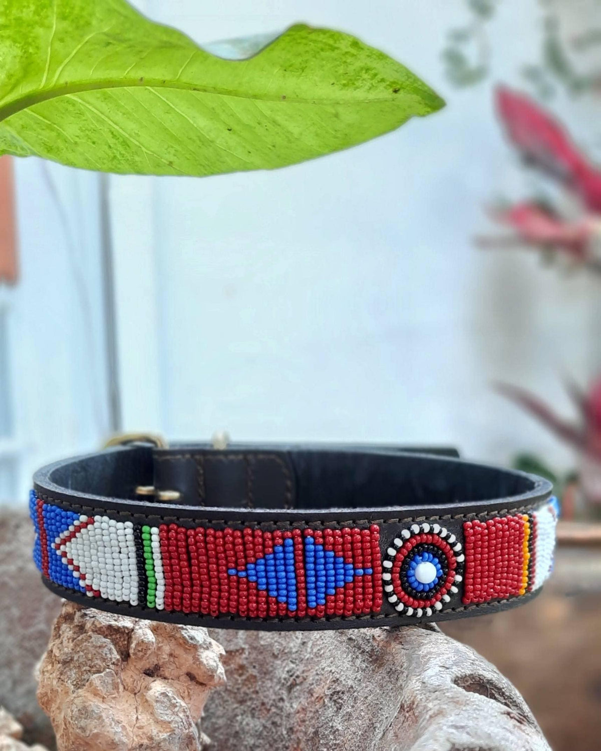 NGONG: Handmade Maasai dog collar with vibrant beadwork in red, white, and blue designs