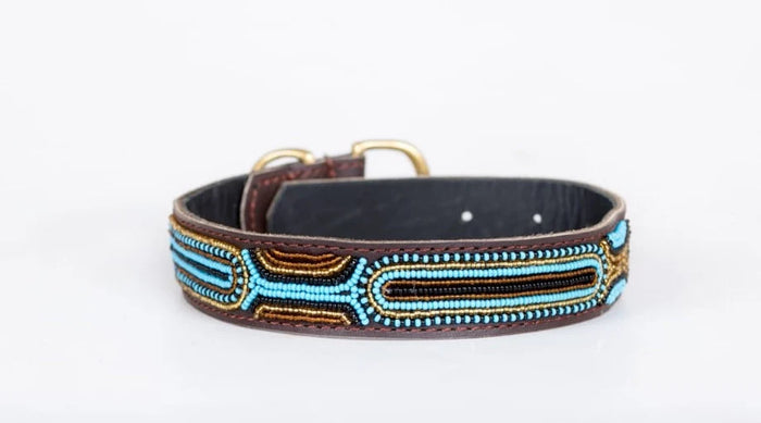 Personalized African Handmade Maasai beaded dog collar in blue and brown with unique artisan design