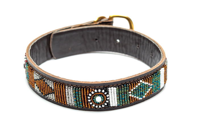 Personalized Handmade Maasai beaded dog collar with intricate beadwork and leather backing for stylish pets