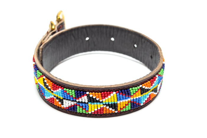 Personalized Handmade Maasai beaded dog collar with vibrant colors and intricate beadwork for stylish pets