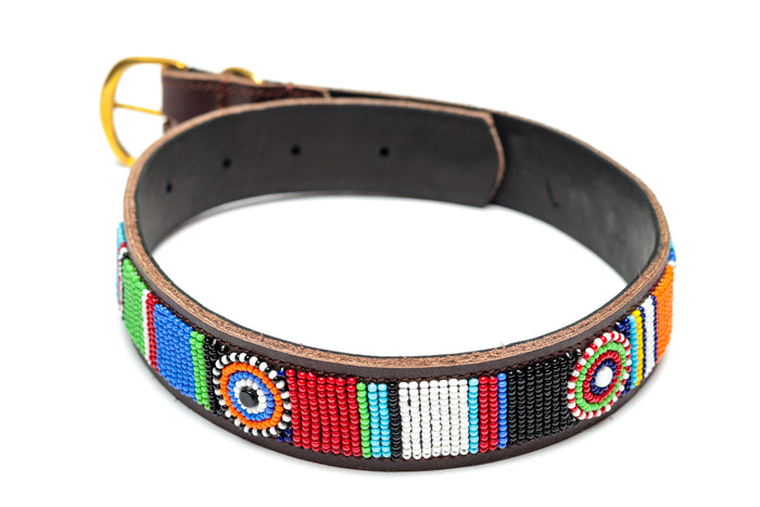 Personalized Handmade Maasai beaded dog collar featuring vibrant colors and intricate beadwork on leather