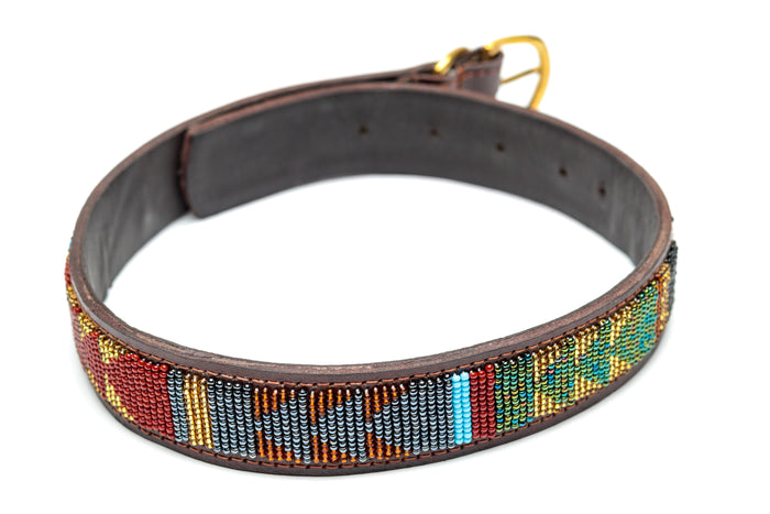 Personalized Handmade Maasai beaded dog collar featuring vibrant colors and durable leather backing