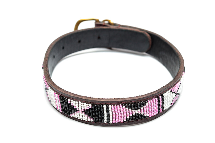 Personalized Handmade Maasai beaded dog collar in pink, black, and white with intricate beadwork