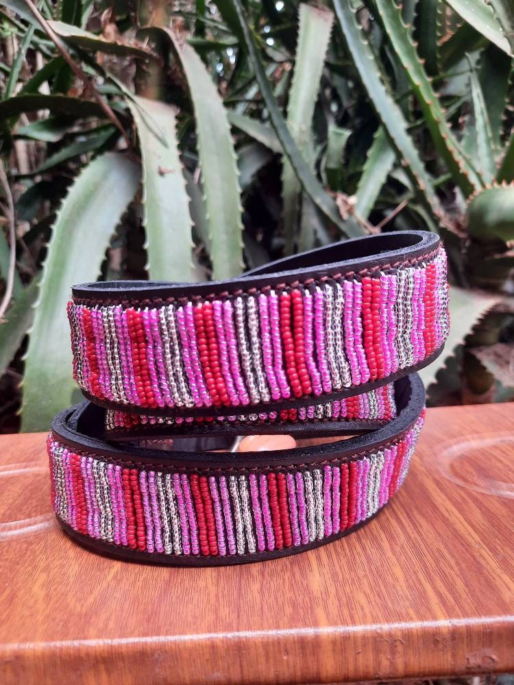 PINK STRIPES: Handmade Maasai Beaded Leather Belt – African Tribal Artisan Belt for Men and Women – Boho Casual Ethnic Style