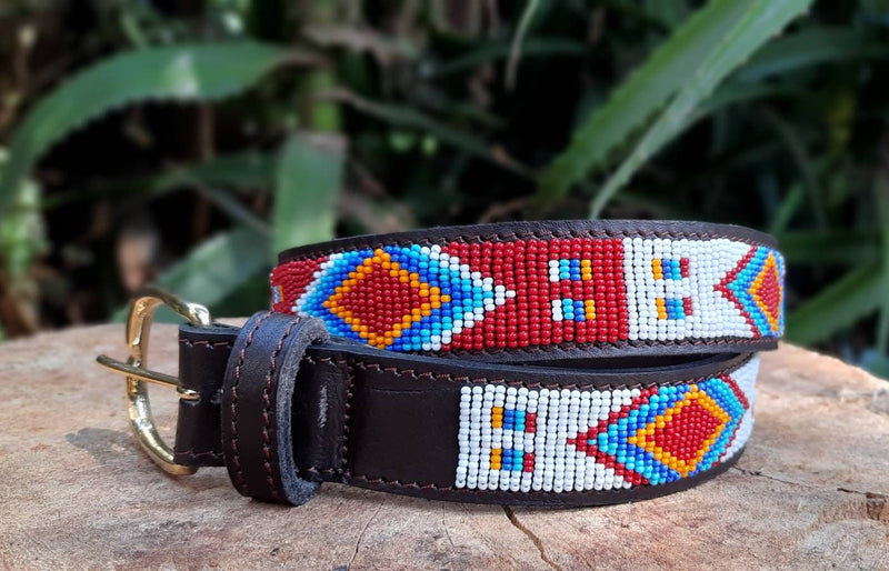 AZTEC RED: Handmade Maasai Beaded Leather Belt – African Tribal Artisan Belt for Men and Women – Boho Casual Ethnic Style