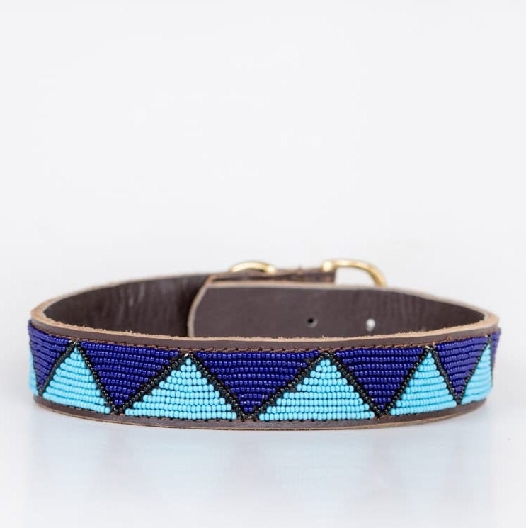 Blue Peaks:  Handmade Beaded Maasai Dog Collar, African Dog Collar
