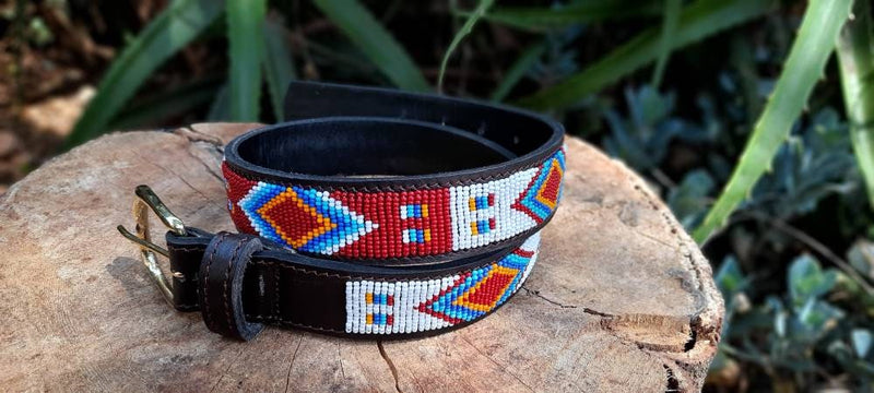 AZTEC RED: Handmade Maasai Beaded Leather Belt – African Tribal Artisan Belt for Men and Women – Boho Casual Ethnic Style