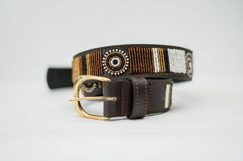 MAASAI OR ET MARRON : Ceinture en cuir perlé Massaï faite à la main – Ceinture artisanale tribale africaine pour hommes et femmes – Style ethnique bohème décontracté