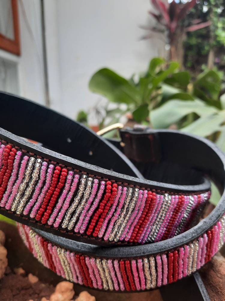 PINK STRIPES: Handmade Maasai Beaded Leather Belt – African Tribal Artisan Belt for Men and Women – Boho Casual Ethnic Style