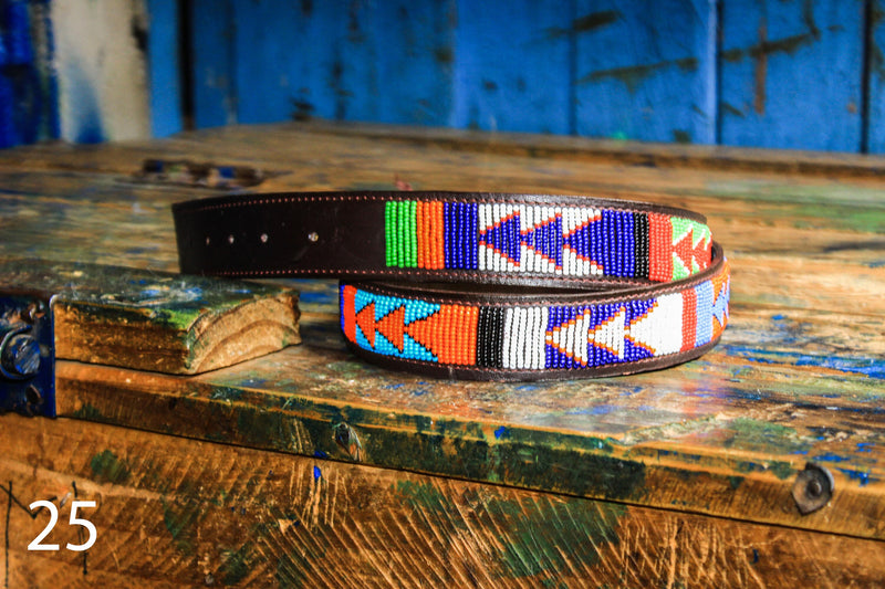 Handmade Maasai Beaded Leather Belt – African Tribal Artisan Belt for Men and Women – Boho Casual Ethnic Style