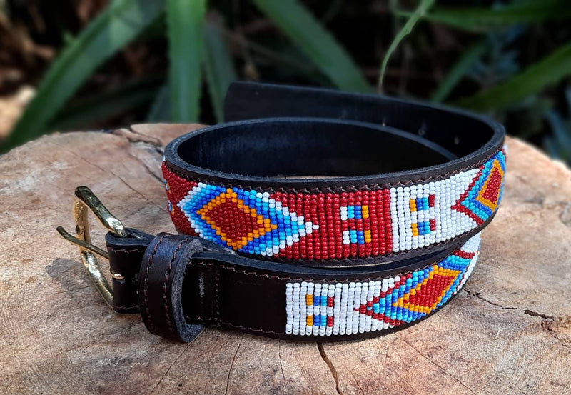AZTEC RED: Handmade Maasai Beaded Leather Belt – African Tribal Artisan Belt for Men and Women – Boho Casual Ethnic Style