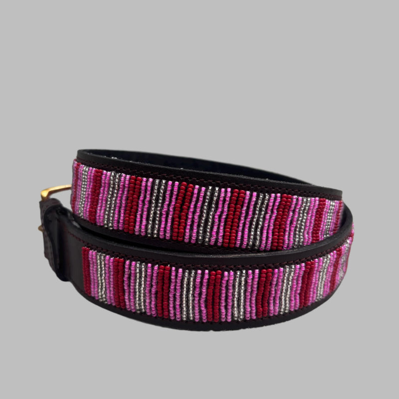 PINK STRIPES: Handmade Maasai Beaded Leather Belt – African Tribal Artisan Belt for Men and Women – Boho Casual Ethnic Style