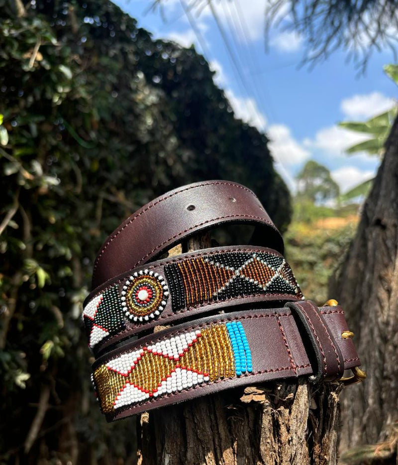 SCOTCHED EARTH: Handmade Maasai Beaded Leather Belt – African Tribal Artisan Belt for Men and Women – Boho Casual Ethnic Style