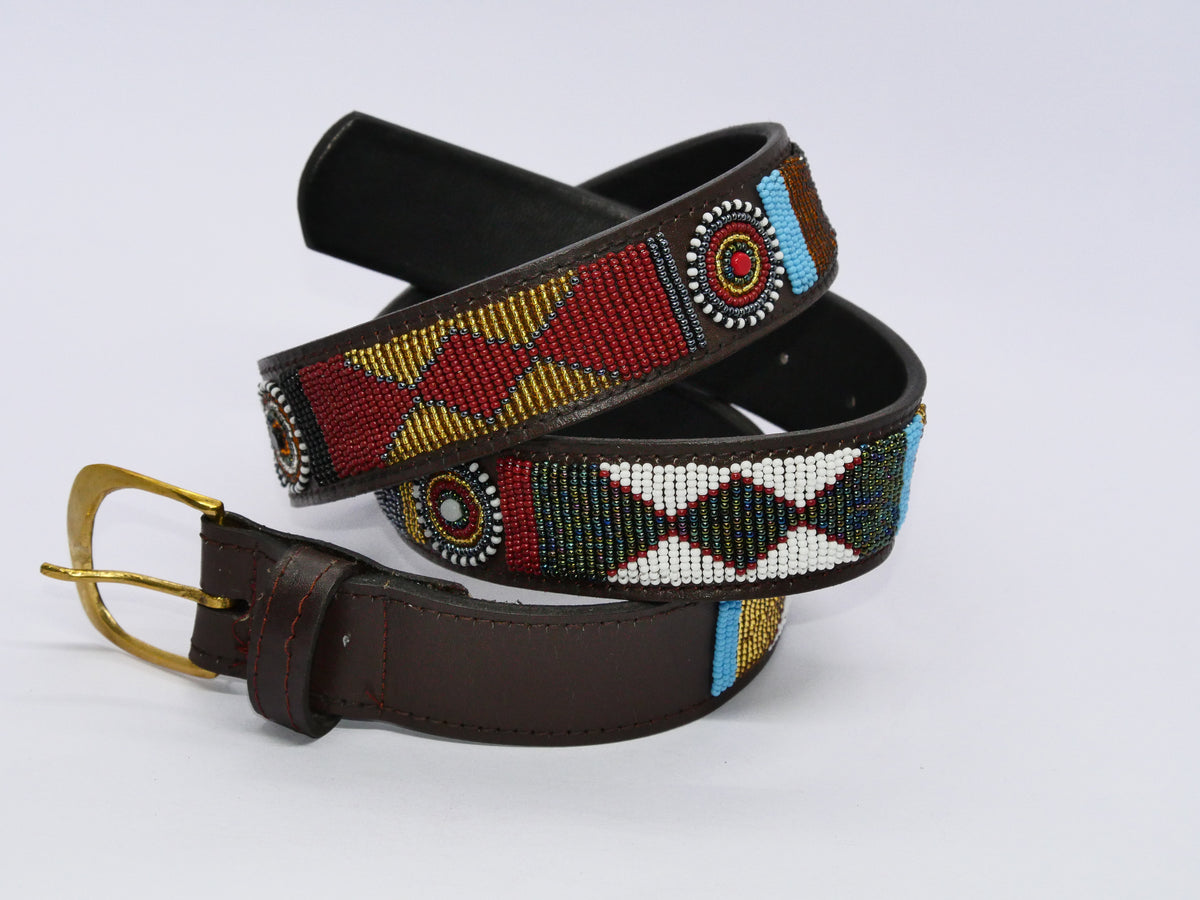 SCOTCHED EARTH: Handmade Maasai Beaded Leather Belt – African Tribal Artisan Belt for Men and Women – Boho Casual Ethnic Style