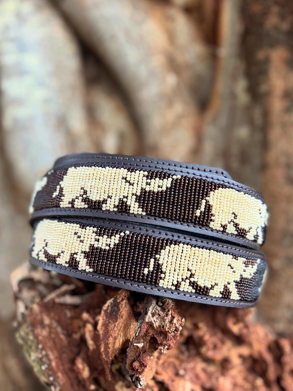 RHINO INSPIRED BEADED LEATHER BELT : Handmade Maasai Beaded Leather Belt – African Tribal Artisan Belt for Men and Women – Boho Casual Ethnic Style