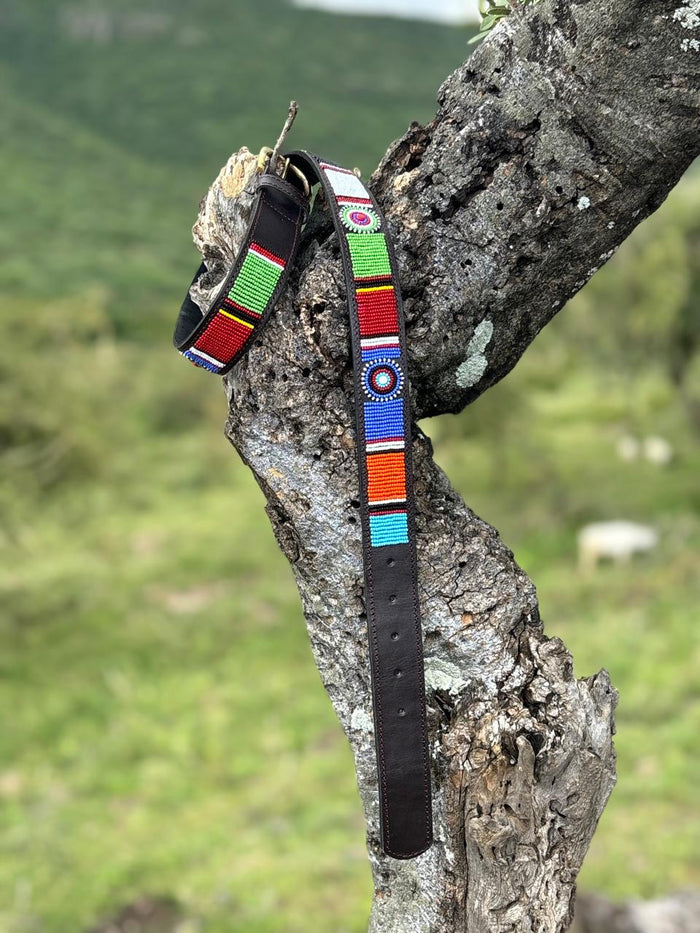 MAASAI : Ceinture en cuir perlée Maasaï faite à la main – Ceinture artisanale tribale africaine pour hommes et femmes – Style ethnique bohème décontracté