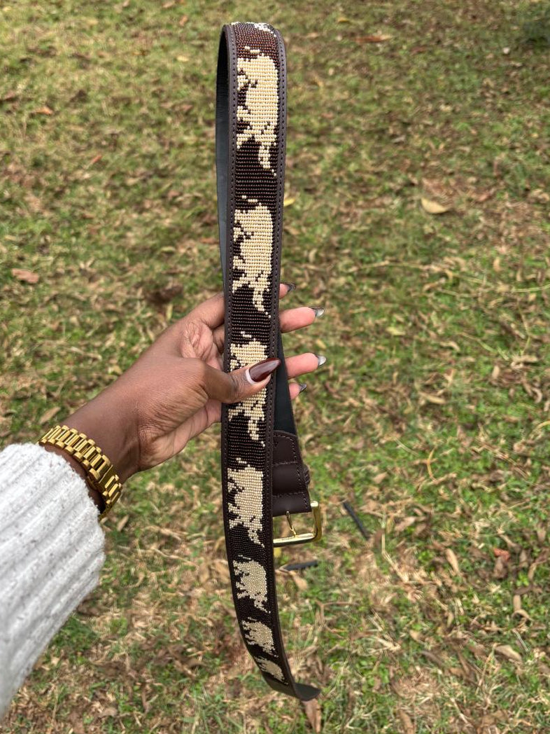 RHINO INSPIRED BEADED LEATHER BELT : Handmade Maasai Beaded Leather Belt – African Tribal Artisan Belt for Men and Women – Boho Casual Ethnic Style