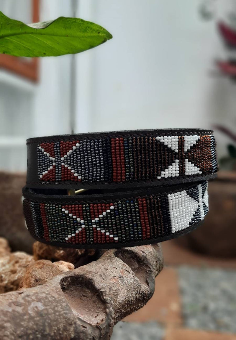 Handmade Maasai Beaded Leather Belt – African Tribal Artisan Belt for Men and Women – Boho Casual Ethnic Style