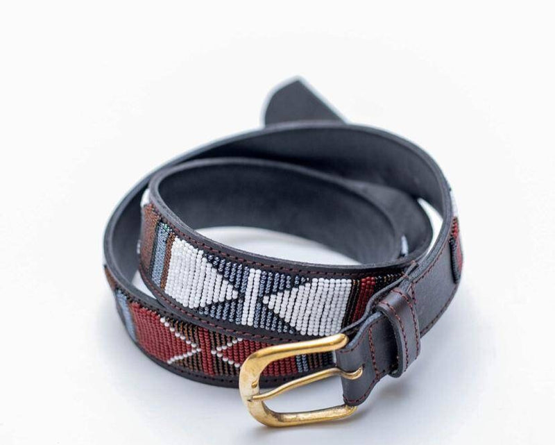 African Handmade Maasai Beaded Leather Belt with intricate beadwork and a gold buckle