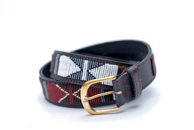 African Handmade Maasai Beaded Leather Belt in vibrant patterns with a gold buckle for stylish outfits
