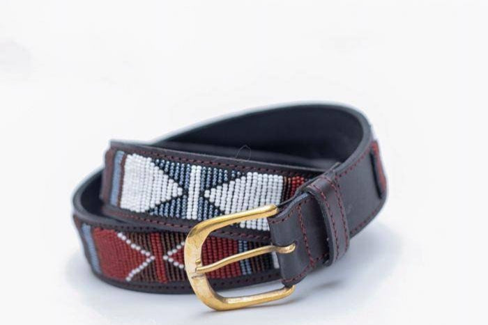 African Handmade Maasai Beaded Leather Belt with colorful beadwork and a gold-tone buckle