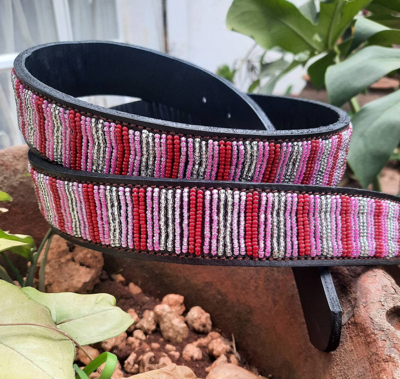 PINK STRIPES: Handmade Maasai Beaded Leather Belt – African Tribal Artisan Belt for Men and Women – Boho Casual Ethnic Style