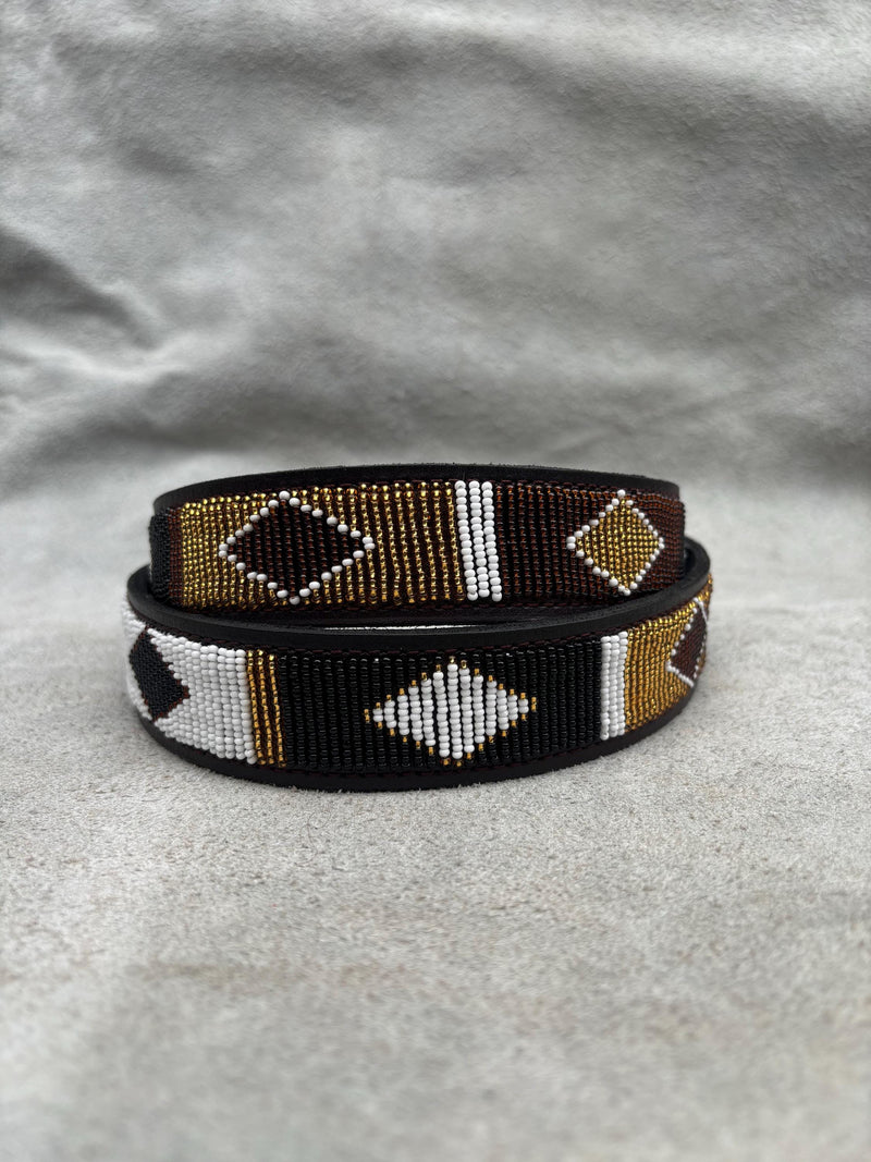 BROWN & GOLD Diamonds -Handmade Maasai Beaded Leather Belt – African Boho Style for Men & Women