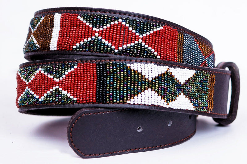 PEAKS: Handmade Maasai Beaded Leather Belt – African Tribal Artisan Belt for Men and Women – Boho Casual Ethnic Style
