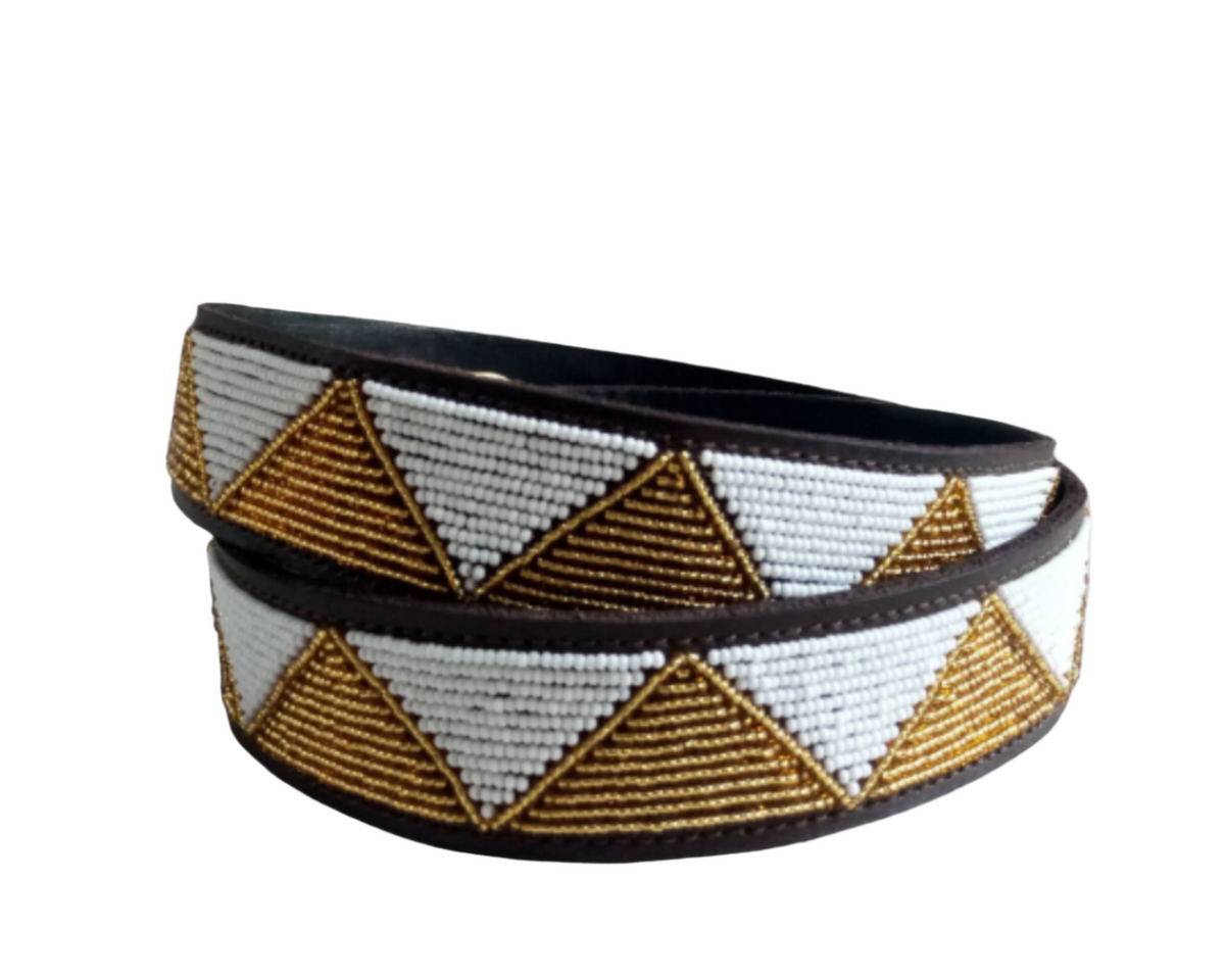 BROWN TRIANGLES: Handmade Maasai Beaded Leather Belt – African Tribal Artisan Belt for Men and Women – Boho Casual Ethnic Style
