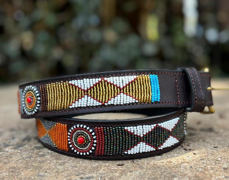 SCOTCHED EARTH: Handmade Maasai Beaded Leather Belt – African Tribal Artisan Belt for Men and Women – Boho Casual Ethnic Style