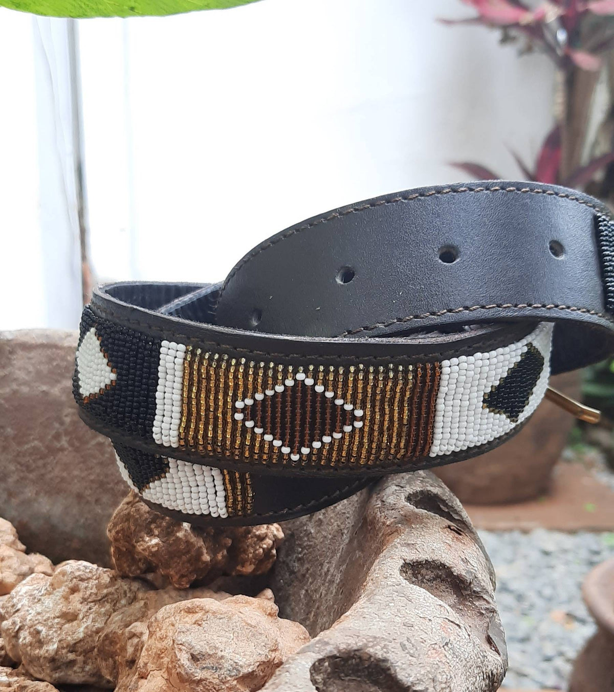 BROWN & GOLD Diamonds -Handmade Maasai Beaded Leather Belt – African Boho Style for Men & Women