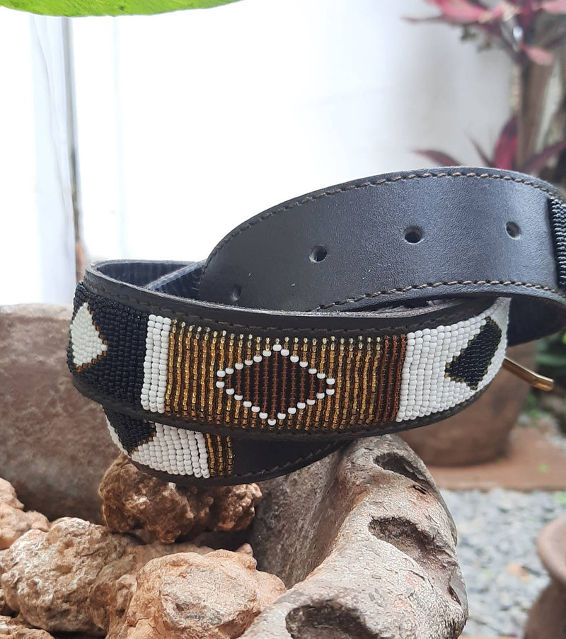 BROWN & GOLD Diamonds -Handmade Maasai Beaded Leather Belt – African Boho Style for Men & Women
