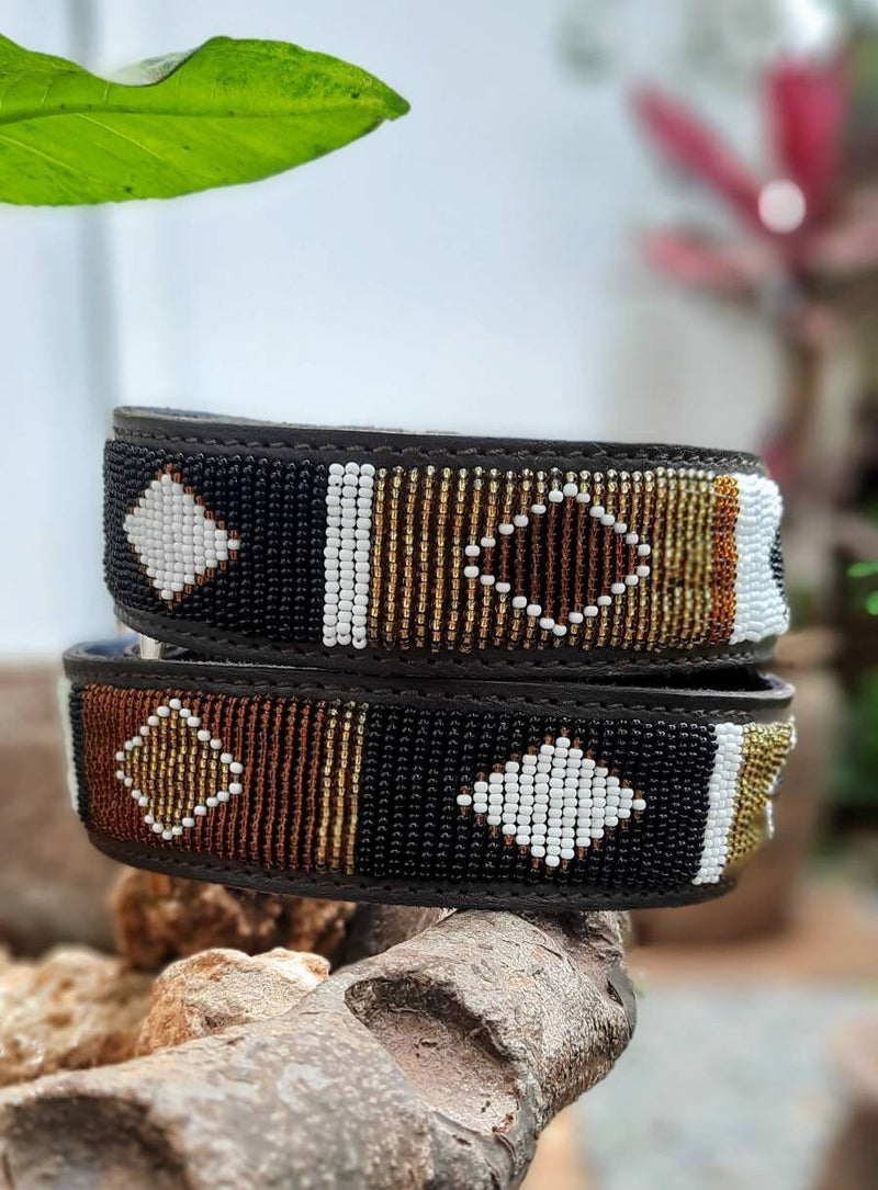 BROWN & GOLD Diamonds -Handmade Maasai Beaded Leather Belt – African Boho Style for Men & Women