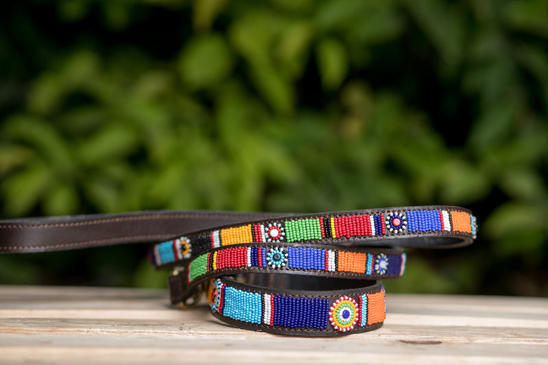 Personalized Handmade Maasai beaded dog collar with colorful patterns and durable leather backing